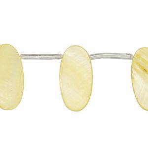Bead, mother-of-pearl shell (dyed), yellow, 19x6mm-20x10mm top-drilled flat oval, Mohs hardness 3-1/2. Sold per 13-inch strand, approximately 20 beads.