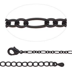 Chain 1pkg1 figaro, 2.5mm / lobster claw clasp, black-finished steel / brass 7.5 inch