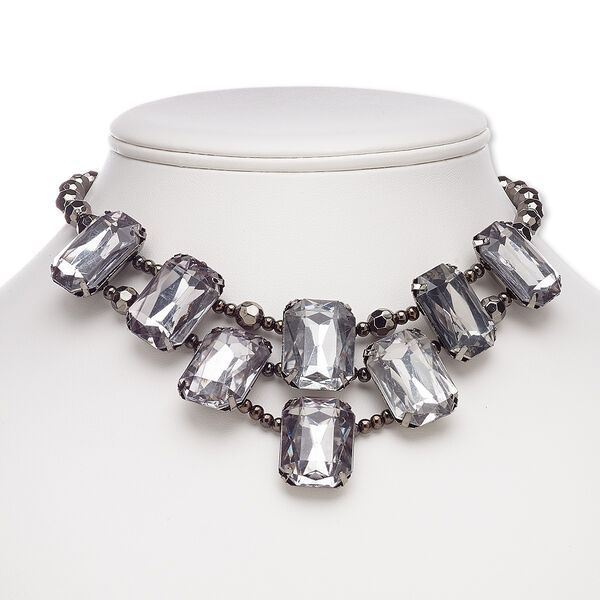 Necklace, glass / acrylic / gunmetal-coated plastic / gunmetal-plated steel, clear, rectangle, 15 inches with 3-inch extender chain and lobster claw clasp. Sold individually. image number 0