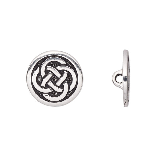 Button, TierraCast®, antique silver-plated pewter (tin-based alloy), 16mm flat round with Celtic knot and closed loop. Sold per pkg of 2. image number 0