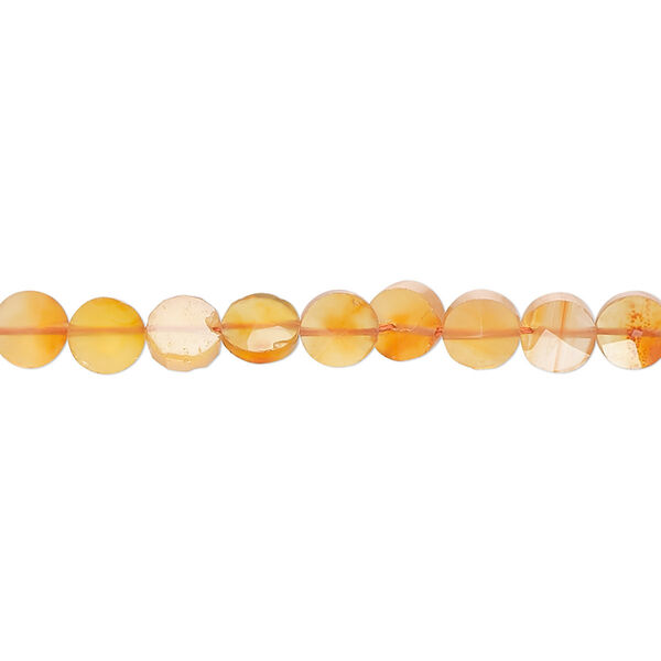 Bead, carnelian (dyed / heated), light, 5-6mm hand-cut faceted flat round, B grade, Mohs hardness 6-1/2 to 7. Sold per 14-inch strand, approximately 75 beads. image number 0