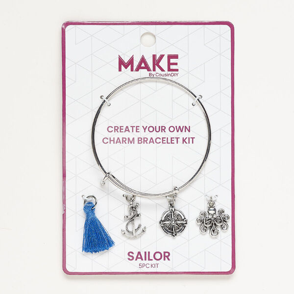 Bracelet and charm assortment, antique silver-finished brass and fabric, cobalt blue and clear, Sailor theme, 7-1/2 inches. Sold per 5-piece set. image number 0