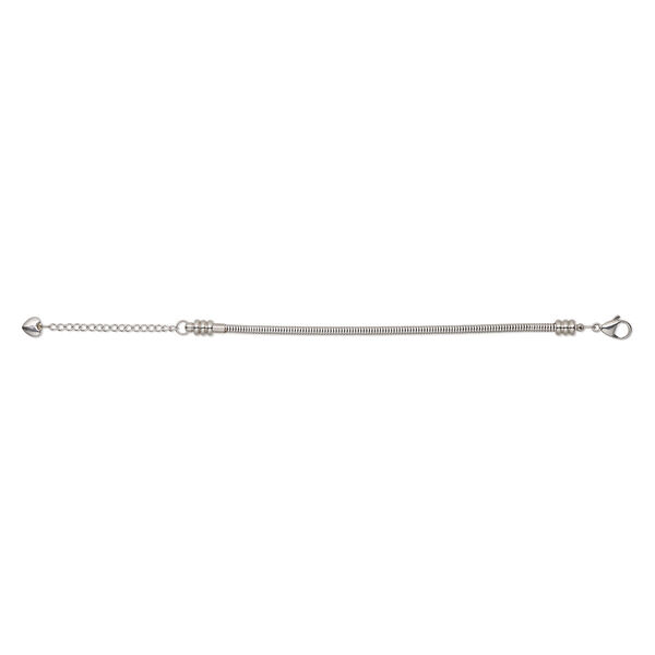 Bracelet, Dione® Easy-On Chain, stainless steel, 3.1mm snake, 6 inches with 3.8mm threaded ends and 2-inch extender chain with 8x7.5mm heart and lobster claw clasp. Sold individually. image number 0