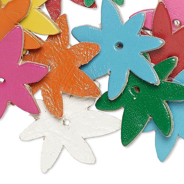 Component, leather (dyed), assorted colors, 25x25mm flower. Sold per pkg of 16. image number 0