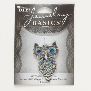 Focal 1pkg1, antique silver-finished "pewter" (zinc-based alloy) / acrylic / enamel, blue / green / pale yellow, 39x25mm owl.