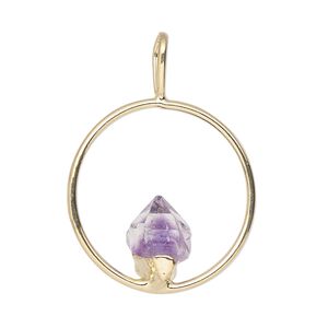 Pendant, Everyday Jewelry, gold-plated brass and amethyst (natural), 34x25mm-36x27mm open round. Sold individually.