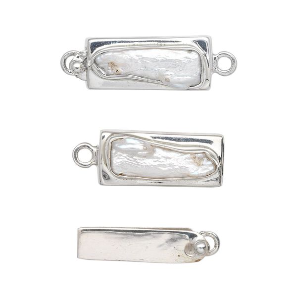 Clasp tab 1pkg1 sterling silver / cultured freshwater pearl, 24x10mm-26x12mm rectangle, 1-strand image number 0
