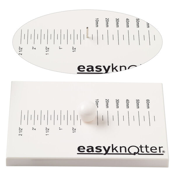 Cord knotter, easyknotter®, plastic and steel, white and black, 6 x 4 x 1/2 inch flat rectangle with 1/4 inch markings and 1/2 inch pin, includes protective knob for pin and instructions. Sold individually. image number 0