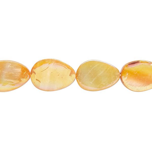 Bead, mother-of-pearl shell (dyed), orange AB, 13x9mm flat teardrop with 0.6-0.8mm hole, Mohs hardness 3-1/2. Sold per 15-1/2" to 16" strand. image number 0