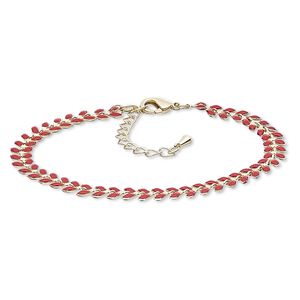 Bracelet, epoxy and gold-finished brass, red, 6.5mm wide with wreath design, 7 inches with 2-inch extender chain and lobster claw clasp. Sold individually.