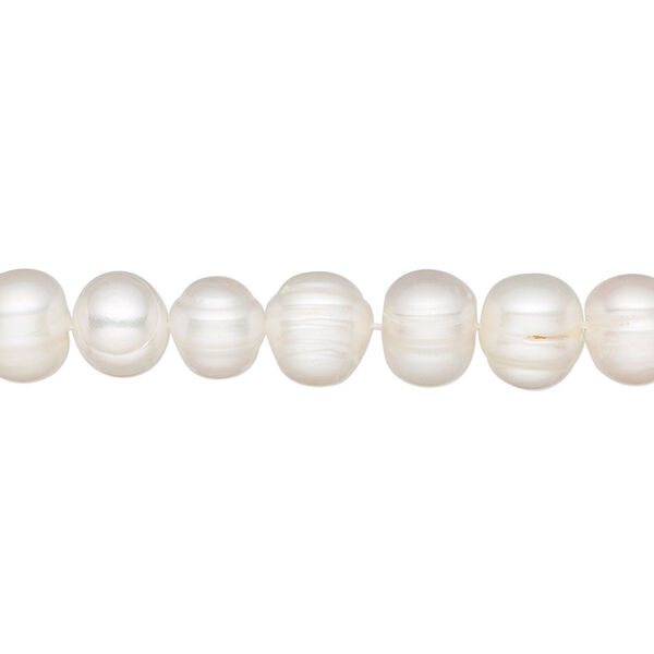 Pearl, cultured freshwater (bleached), white, 7-8mm semi-round, C grade, Mohs hardness 2-1/2 to 4. Sold per 16-inch strand. image number 0
