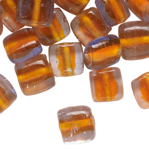 Bead, glass, translucent orange and lavender, 10-11mm puffed square. Sold per pkg of 50 beads. image number 0