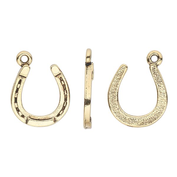 Charm, pewter (tin-based alloy), pkg/1, antique gold plate, 15mm horseshoe. image number 0