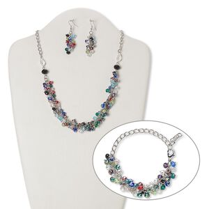 Necklace, bracelet and earring set, glass with silver-plated steel and brass, multicolored, rondelle, 21 inches with 2-inch extender chain and lobster claw clasp, 7-inch bracelet, 2-1/4 inch earrings with fishhook ear wire. Sold per set.