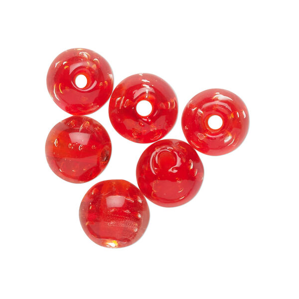 Bead, lampworked glass, translucent red, 10mm round. Sold per pkg of 6. image number 0