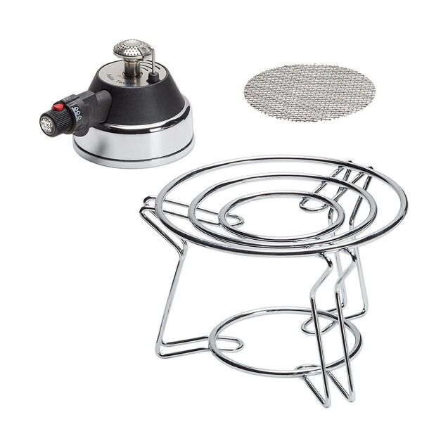 Metal clay burner, chrome-plated steel / stainless steel / brass, red and black, 4-1/4 x 6 x 5-3/4 inches with 3 x 3-1/2 x 4-3/4 inch butane burner and 4-inch round mesh screen. Sold per 3-piece set. image number 0