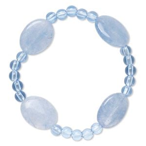 Bracelet, stretch, quartz (dyed) and acrylic, blue, 5mm round and 20x15mm-21x16mm flat oval, 6-1/2 inches. Sold individually.