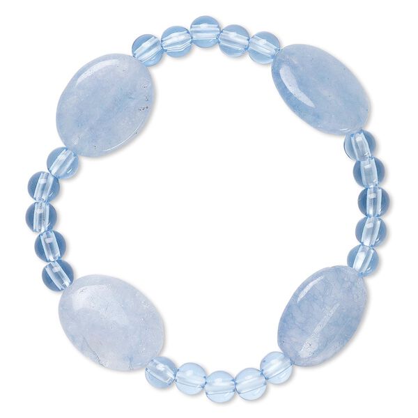 Bracelet, stretch, quartz (dyed) and acrylic, blue, 5mm round and 20x15mm-21x16mm flat oval, 6-1/2 inches. Sold individually. image number 0
