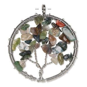 Focal, fancy jasper (natural) and silver-plated brass, 55x52mm round with wire-wrapped tree design. Sold individually.