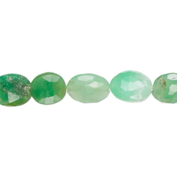 Bead, chrysoprase (natural), light to dark, 9x7mm-12x9mm hand-cut faceted puffed oval with 0.4-1.4mm hole, B- grade, Mohs hardness 6-1/2 to 7. Sold per 13-inch strand, approximately 30 beads. image number 0
