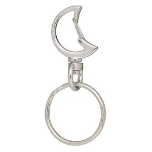 Key ring, imitation rhodium-finished brass and steel, 55.5x25.5mm overall with 21x19.5mm self-closing moon on a swivel and 25.5mm split ring. Sold per pkg of 5.