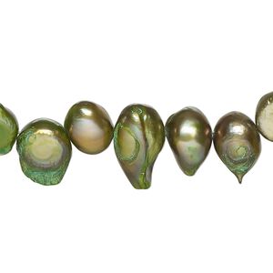 Pearl, cultured freshwater (dyed), pine, 7x5mm-16x10mm baroque with 0.4mm hole, D grade, Mohs hardness 2-1/2 to 4. Sold per 15-inch strand.
