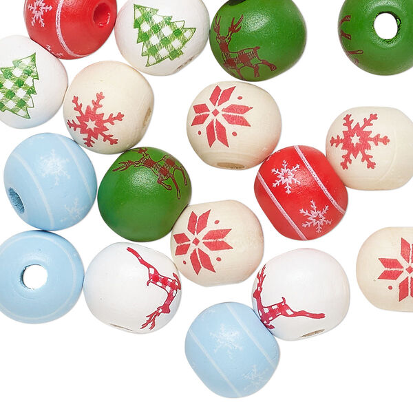 Bead mix, Korean boxwood, mixed colors, 10mm round with holiday designs. Sold per pkg of 20. image number 0