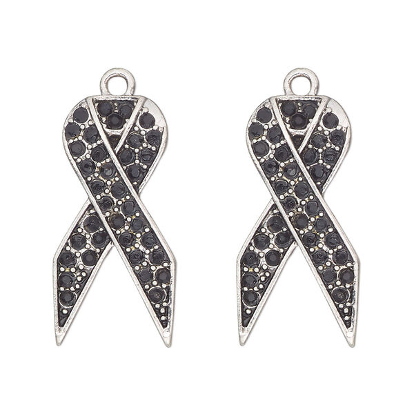 Charm, antique silver-finished "pewter" (zinc-based alloy) and glass, black, 27x13mm single-sided awareness ribbon. Sold per pkg of 2. image number 0
