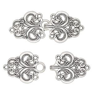 Clasp hook 1pkg1 "pewter" (zinc alloy), 67x28mm fleur-de-lis, antique silver-finished 1-strand