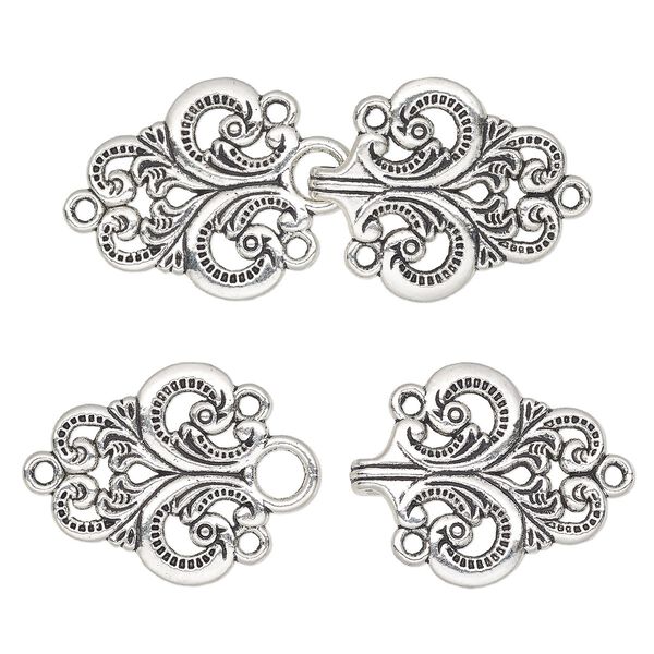 Clasp, hook, antique silver-finished "pewter" (zinc-based alloy), 67x28mm fleur-de-lis. Sold individually. image number 0
