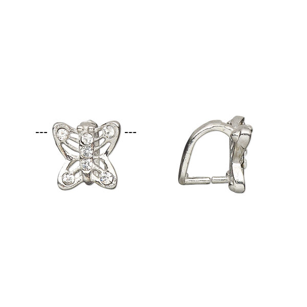 Bail, ice-pick, Egyptian glass rhinestone and imitation rhodium-plated brass, clear, 10x9mm butterfly, 7mm grip length. Sold per pkg of 6. image number 0