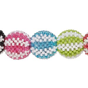Bead, glass, opaque multicolored, 13mm round with thick horizontal stripe design. Sold per pkg of 12.
