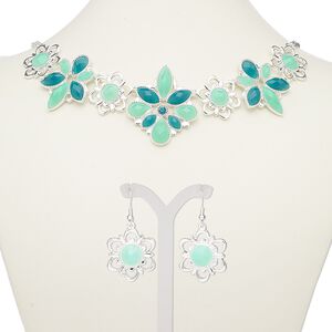 Necklace and earring set, acrylic / glass rhinestone / silver-plated steel / "pewter" (zinc-based alloy), light green and teal green, flower, 18-inch necklace with 2-inch extender chain and lobster claw clasp, 45mm earrings with fishhook ear wire. Sold per set.
