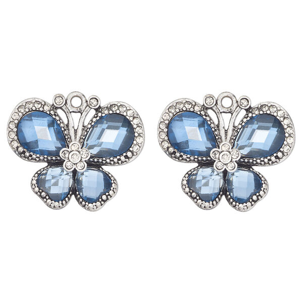 Charm, antique silver-finished "pewter" (zinc-based alloy) and glass, blue and clear, 27x20mm single-sided butterfly. Sold per pkg of 2. image number 0