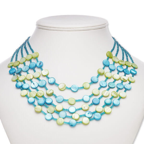 Necklace, 5-strand, mother-of-pearl shell (dyed) / acrylic / silver-plated steel / "pewter" (zinc-based alloy), blue / green / teal, 10mm round, 18 inches with 1-inch extender chain and lobster claw clasp. Sold individually. image number 0