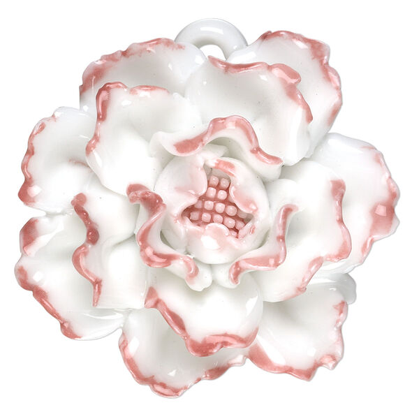Focal, porcelain, pink and opaque white, 41x40mm-45x45mm single-sided carnation with partially hidden loop. Sold individually. image number 0