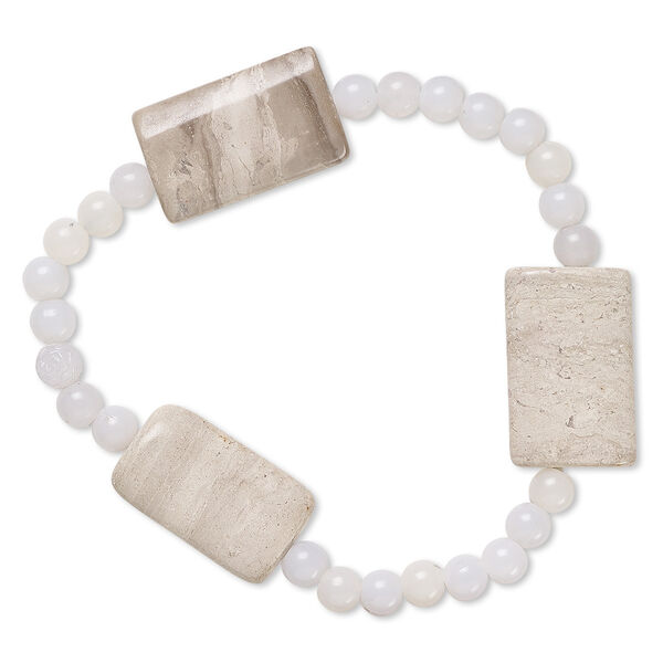 Bracelet, stretch, grey and cream marble (natural) and acrylic, grey, 5mm round and 24x14mm-25x16mm flat rectangle, 7 inches. Sold individually. image number 0