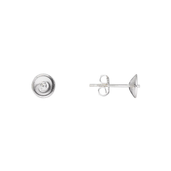 Earstud, sterling silver, 6mm cup with peg, fits 6-8mm half-drilled bead. Sold per pkg of 5 pairs. image number 0