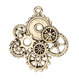 Focal, antique gold-finished "pewter" (zinc-based alloy), 34x33mm single-sided with gears. Sold individually.
