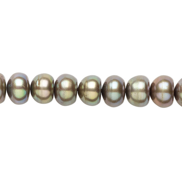 Cultured freshwater pearl, 1pkg1 7-9mm button C+ grade, dyed dark green peacock 15 inches image number 0
