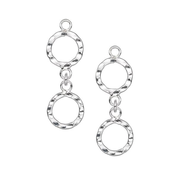 Drop, sterling silver, 25x9mm hammered double rings. Sold per pkg of 2. image number 0
