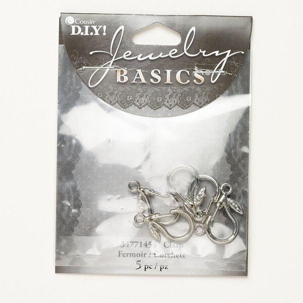 Clasp, lobster claw, silver-finished "pewter" (zinc-based alloy) and steel, 22x12mm with leaf. Sold per pkg of 5. image number 0