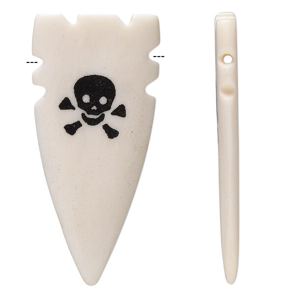 Focal, bone (bleached), 56x24mm hand-carved arrowhead with double-sided black skull imprint, Mohs hardness 2-1/2. Sold per pkg of 4. image number 0