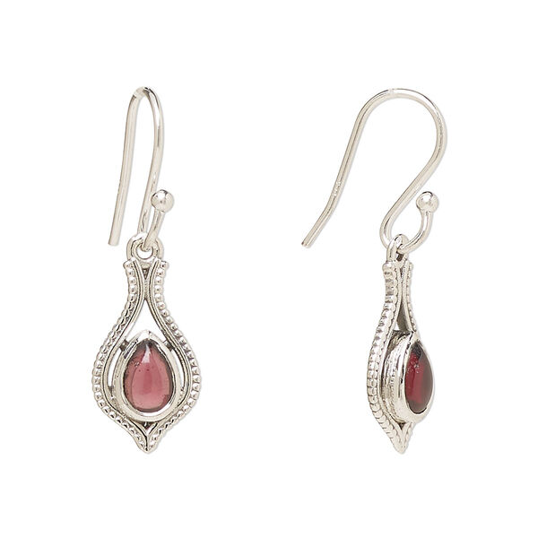 Ear wire, Create Compliments®, antiqued sterling silver and garnet (natural), fishhook, 29.5mm with 15x9mm single-sided open beaded teardrop, 21 gauge. Sold per pair. image number 0
