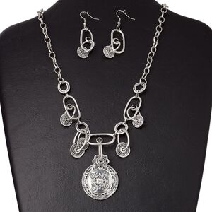 Necklace and earring set, glass / antique silver-plated "pewter" (zinc-based alloy) / steel, clear, 35mm flat round with center cabochon, 16-inches with 2-inch extender chain and lobster claw clasp, 57x14mm earrings with fishhook ear wire. Sold per set.
