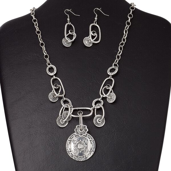 Necklace and earring set, glass / antique silver-plated "pewter" (zinc-based alloy) / steel, clear, 35mm flat round with center cabochon, 16-inches with 2-inch extender chain and lobster claw clasp, 57x14mm earrings with fishhook ear wire. Sold per set. image number 0