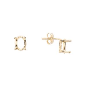 Earstud 1pkg2 Sure-Set™ 14Kt gold, 8x6mm oval pre-notched 4-prong basket-style setting / earnuts, 1 pair