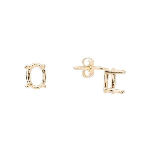 Earstud 1pkg2 Sure-Set™ 14Kt gold, 8x6mm oval pre-notched 4-prong basket-style setting / earnuts, 1 pair image number 0