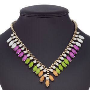 Necklace, acrylic / gold-coated plastic / gold-finished steel / "pewter" (zinc-based alloy), multicolored, marquise, 18 inches with 2-inch extender chain and lobster claw clasp. Sold individually.