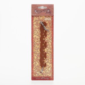 Bracelet, leather (dyed) with silver-finished steel and "pewter" (zinc-based alloy), saddle tan, 3/4 to 7/8 inch wide with circle cutouts and 8 holes, 6-1/2 inches with 2-1/2 inch extender chain and lobster claw clasp. Sold individually.